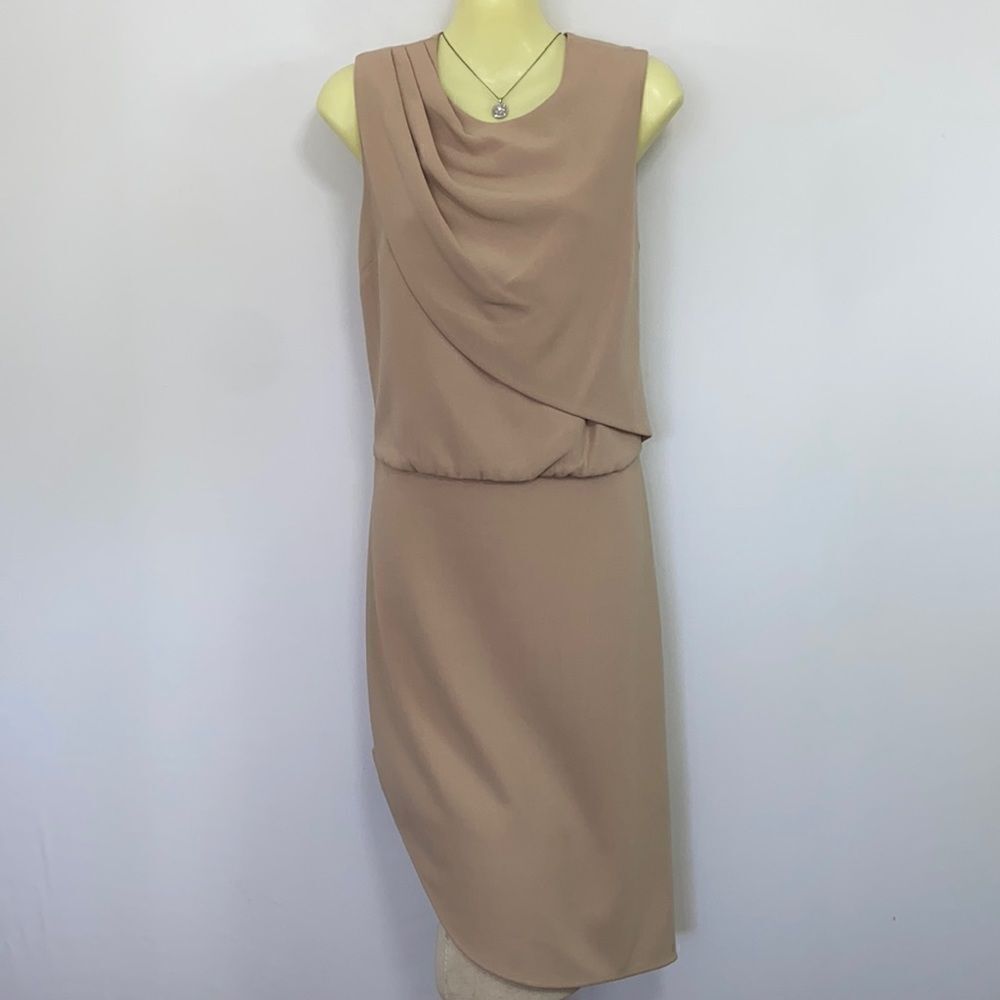 Halston Heritage Dress Draped Bodice Assymetrical Camel Color NWT Sz 6